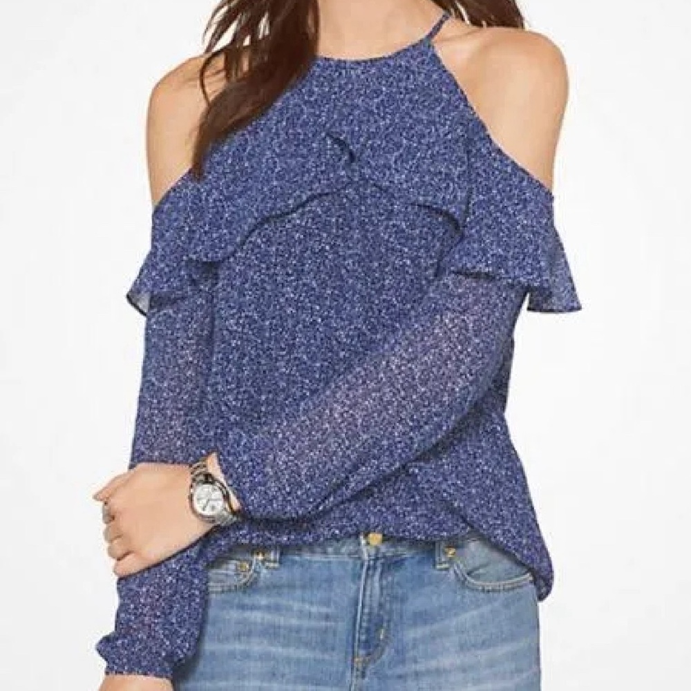 Open shoulder long sleeve, floral blue print size XL